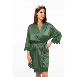 Y WJing Yi Jia Womens Kimono Robes Silk Dressing Gown Satin Bathrobe Nightdress Short Style Morning Robes Lace Trim Size: One Size