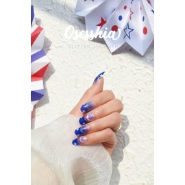 Osesshia Semi Cured Gel Nail Strips, 20 pcs Nail Wraps, Glaze Stickers, Salon Quality French Manicure, Full Decal Gel Polish Strips, Long Lasting SCG, Easy on, UV Required (Glitter July 4th)