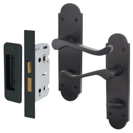 EAI Black Bathroom Door Handle Set - Victorian Scroll Shaped | 1 Pair of Internal Matt Black Lever Handles on Backplate with Lock (64mm)