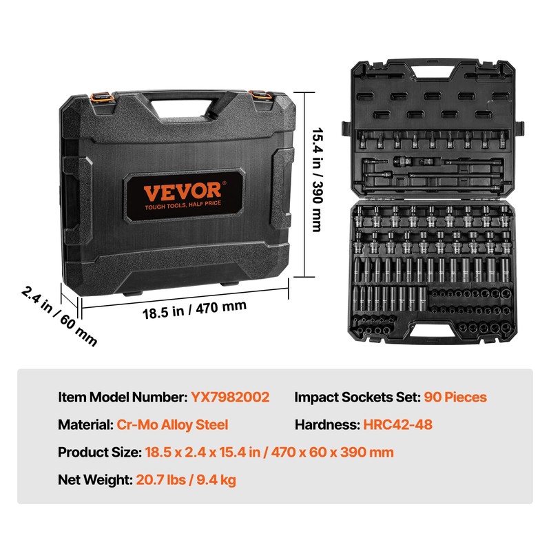 VEVOR Impact Socket Set 3/8" Drive, 90 PCS, CR-MO, SAE