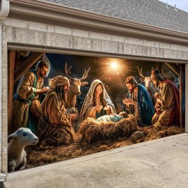 1 religious character nativity scene garage door banner Large polyester tapestry with Mary and Joseph outdoor holiday decoration, perfect for holiday and party atmosphere poinsettia artificial - Size: 30x40inch