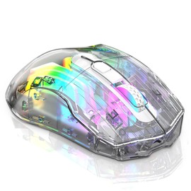 Docooler Wireless Gaming Mouse, Transparent Crystal Shell, 3 Modes (USB Wired + 2.4G Wireless + Bluetooth), 3600DPI Adjustable E-Sport Mouse, Ergonomic RGB Silent Mouse - White/Black