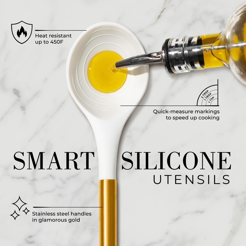 8 Piece White and Gold Kitchen Utensils – White Silicone