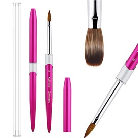 Acrylic Nail Brush Size 8#, 100% Pure Kolinsky Hair Acrylic Crystal Hot Red Pink with Silver Ferrule Round Shaped for Women Girls Manicure Tools Accessories