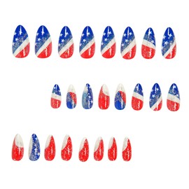 24Pcs 4th of July Press on Nails Medium Almond Fake Nails with Glitter Red Blue White Gradient Acrylic Nails Patriotic False Nails Independence Day Star Glue on Nails for Women Holiday Nail Designs