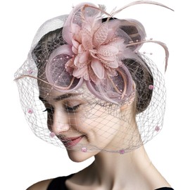 Women's Fascinators Hats Tea Party Hats for Women, 50s Flower Feathers with Veil Headwear for Tea Party Dresses Accessories Nude Pink
