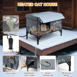 RC SLL Heated Cat House for Outside, Outdoor Pet Shelter with Remote Control, Insulated Feral Cat with Heating Pad, Elevated Waterproof with Rain-Proof Eaves (17" D x 21" W x 17" H)