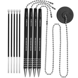 Nadex Ball and Chain Security Pen Set | 4 Pens, 1 Adhesive Mount, and 5 Refills (Black)
