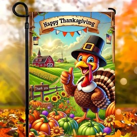 BlissYard Happy Thanksgiving Garden Flags 12x18 inch with Cartoon Turkey and Pumpkins Fall Turkey Winter Autumn Yard Flags House Banner Yard Sign Seasonal Decoration