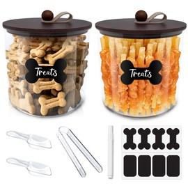 HOYTAMDAR 2 Pack Airtight Dog Food Storage Container, Dog Treat Container Dog Treat Jar with Wood Lids 6x5'',Pet Food Storage Container,Cat Food Storage Container with Scoops,Food Tong,Labels,Pen