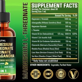 MILIVOL 10in1 Magnesium L-Threonate Liquid Drops with Magnesium Glycinate, Ashwagandha, Vitamin D3, C, B6 & 4 Other Ingredients - 2 Fl Oz - Lemon Flavor