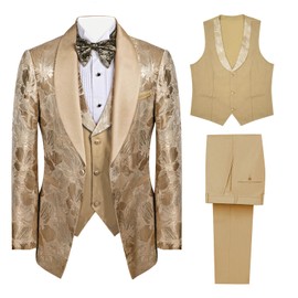 FIXRIMCH 3 Pieces Men's Tuxedo Paisley Groom Wedding Blazer Jacket Vest Pants Sets Floral Formal Suits for Party,Dinner,Prom Champagne