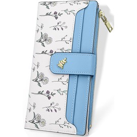 Farcauo Women's Purse Medium Large Purse with Flower Design for Women Wallet with ID Slot and Card Sleeves, #W Blue Women's Wallet, Classic