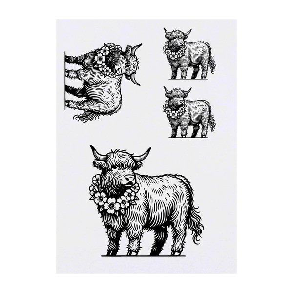 4 x 'Highland Cow With Flower Garland' Temporary Tattoos -