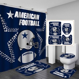 Namdeva 4PCS Sports Shower Curtain Set, American Football Helmet Stadium Grey Dots White Quotes Navy Blue Texas Star Touchdown Man Cave Bathroom Decor, Non-Slip Bath Mat, Gifts for Men Teenage Boys