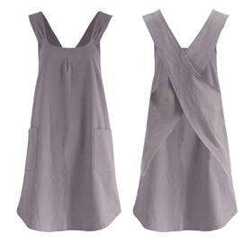 LIZHOUMIL Women Apron Cotton Linen Kitchen Apron with pockets Slip Off Cross-shoulder Straps Cooking Aprons for Women Pinafore for Home Kitchen Cooking Baking BBQ Gardening Grey