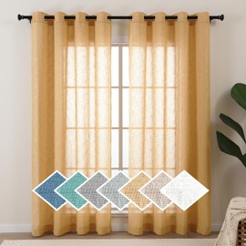 L.Z.E Gold Sheer Curtains for Living Room, 72 Inch Length, Light Filtering Elegant Faux Linen Curtains, Burlap Textured Grommet Window Drapes for Bedroom Dining Room Farmhouse, Set of 2 Panels