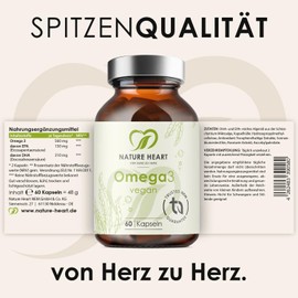 Nature Heart Omega 3 Capsules - Pack of 60 Vegan Algae Oil - DHA & EPA in 2:1 Ratio - High Dose, 100% Vegan & Fish Free - for Heart, Brain & Vision - Low in Harmful Substances, No Unnecessary Additives