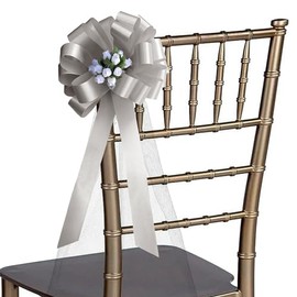 6 Silver Gray 8" Pull Bows - Wedding Pew Decorations with Mini Roses and Tulle, Aisle Garden Party Decor, Reception, Centerpieces