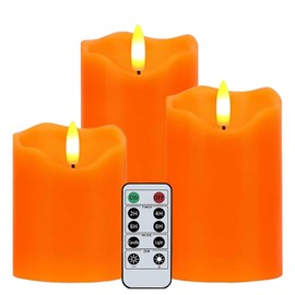 Flameless Candles Lights, 3 Pack Orange Flickering Pillar Candles Battery Operated with Remote and Timer, Real Wax Electric Candles for Wedding Holiday Home Fall Decor