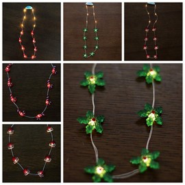JASHIKA Christmas Party Favors, Light Up Glowing Necklace Candy Cane, Christmas Hat,Red Berry Stem Set of 3 with Multi Flashing Options for Holiday Decoration