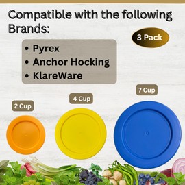 Klare Ware 2, 4 & 7 Cup Replacement Lids/Covers for Pyrex, Anchor Hocking & KlareWare Storage Bowls *Lids Only - Glass Container Not Included* (3 Pack *One of Each Size*, Orange, Yellow, Blue)