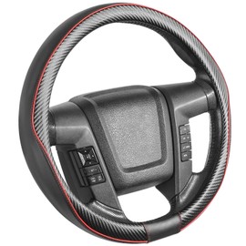 SEG Direct Car Steering Wheel Cover Large-Size for F150 F250 F350 Ram 4Runner Tacoma Tundra Range Rover with 15 1/2"-16" Outer Diameter Leather with Carbon Fiber Pattern Black and Red