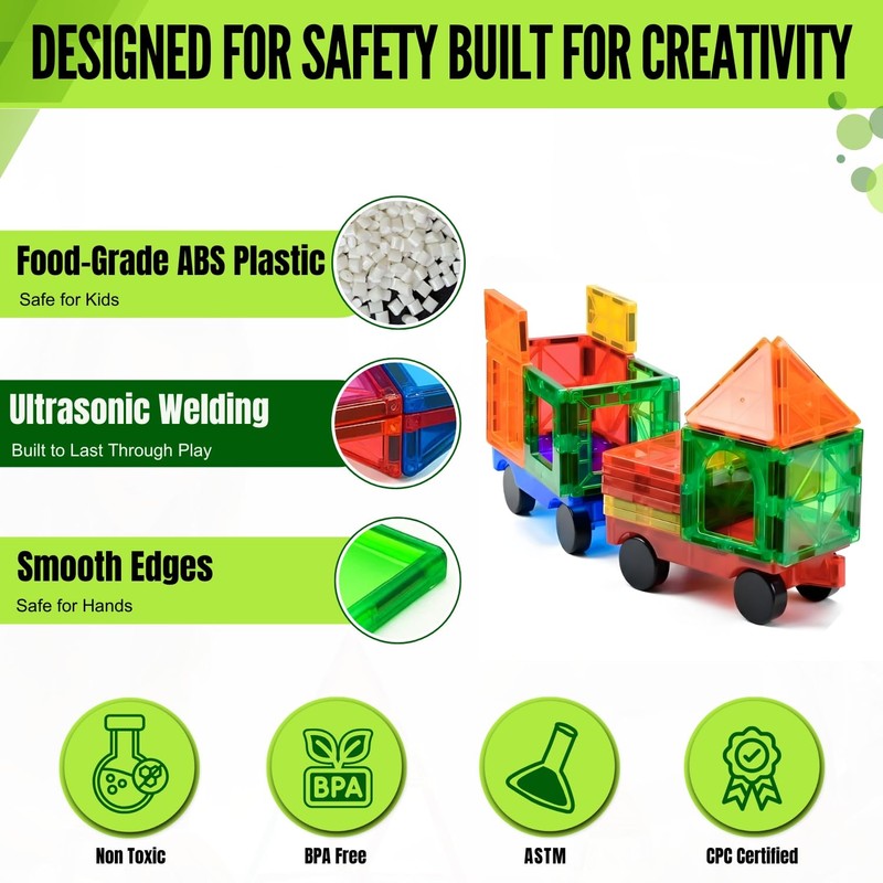 Little Vo Magnetic Tiles Set 180 PCS with 2 Cars