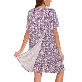 AVIIER Hospital Gowns for Women Open Back Adaptive Clothing Nightgowns Post Shoulder Surgery Dress Purple Flower L