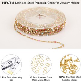 Gold Plated Stainless Steel Enamel Cable Chain for Jewelry Making, Oil Drip Rainbow Beaded Links Chains for DIY Necklace Bracelet Craft Jewelry Making Supplies with Lobster Clasps Soft Tape Measure