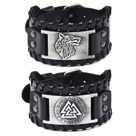 Sehaby 2 Pieces Viking Celtic Knot Bracelet, Silver Wolf Head Leather Bracelet, Nordic Odin Bracelet, Medieval Amulet Jewelry Bracelet, (SY055-YLangaoding-PSL)