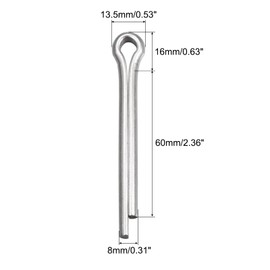 sourcing map Split Cotter Pin, 8mm x 60mm Stainless Steel Clip Fastener Fitting for Automotive, Mechanics, Silver Tone, 8Pcs