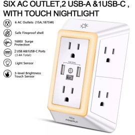 POWRUI Multi Plug Outlet Surge Protector - 6 Outlet Extender with 3 USB Ports (1 USB C