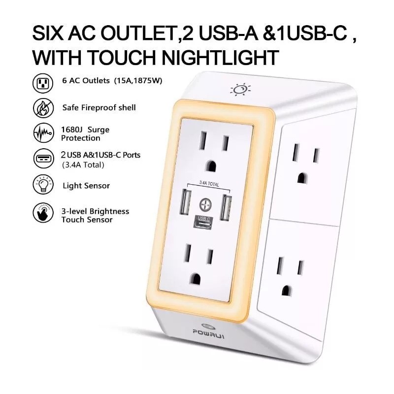 POWRUI Multi Plug Outlet Surge Protector - 6 Outlet Extender