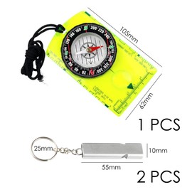 1 Piece Fluorescent Green Compass and 2 Pieces Silver Whistle, Outdoor Accessories, Hiking Compass, Mini Compass, Camping Gear, Kids Compass, Portable Compass