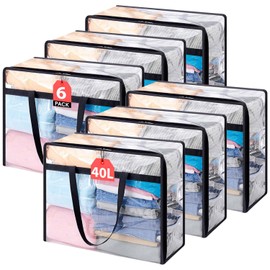 6PCS Bolsas de Almacenamiento de Ropa Transparentes 40L, Closet Organizador de Ropa Plegable de PVC, Caja Organizadora con Asas, Bolsas para Guardar C
