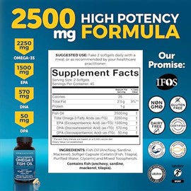 Viva Naturals Omega 3 Fish Oil Supplement, 90 Softgels - The HIGHEST Concentration Omega 3 Capsules, 2,200mg Fish Oil/serving by Viva Labs