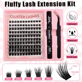 DIY Eyelash Extensions Set, 8-16 mm, Mixed Fluffy Eyelashes, Individual False Eyelash Clusters with Eyelash Glue and Tweezers for Beginners, Reusable Eyelash Clusters (YE)
