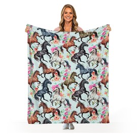 Horse Blanket Gift for Girls Women Cute Animal Horses Throw Blankets Flowers Fleece Flannel Horse Stuff Soft Warm Fuzzy Lightweight Plush Blanket Decor Bed Sofa Horse Lovers Gift 50"x40"