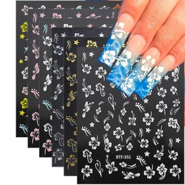 12 Sheets Flower Nail Stickers for Nail Art,3D Self-Adhesive Hibiscus Nail Art Stickers White Pink Gold Silver Floral Nail Design Decals Summer Hibiscus Flower Nail Decals for Women Nail Decor Kits