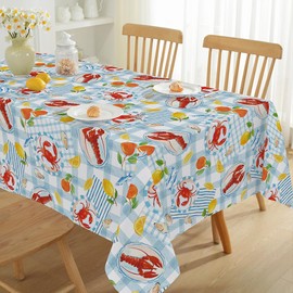 MATIRUG Summer Coastal Tablecloths Rectangle 60x102 Inch, Washable Spill Proof Crayfish Sealife Table Cloth, Reusable Blue Plaid Seafood Decoration for Picnic Beach Boil Party Outdoor