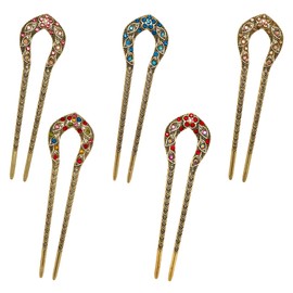 Fumwase 5PCS Vintage French Hair Pins with Rhinestone Crystal Metal U Shaped Hair Fork for Women French Long Hairstyle Accessories