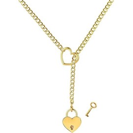 Heart Slip Chain Choker Necklace for Women Stainless Steel Cuban Chain Heart Y-shape Necklace Punk Rock Collar Necklace Adjustable Lariat Y Necklace Heart Locker With Key (Gold Lock)