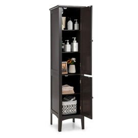 COSTWAY Tall Bathroom Storage Cabinet, 5-Tier Freestanding Linen Tower Cabinet with 2 Doors, Wooden Side Storage Organizer, Narrow Slim Floor Cabinet for Bathroom, Living Room, Kitchen (Brown)