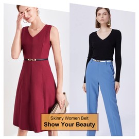 WERFORU Women 3 Pack Skinny Belt for Dress,Thin Adjustable Leather Belt with Gold Buckle, Black+Brown+White, Fit Waist Size below 37 Inches-