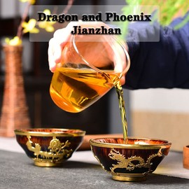 Tea Cup Tenmoku Tea Cup Hand Inlaid Gold Dragon and Phoenix Cup, Kiln Transformation Colorful Master Cup, Kung Fu Tea Bowl Sake Teaware, Gift Box Packaging (Color : Phoenix, Size : 3.8 oz)