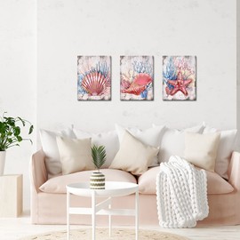 Nachic Wall 3 Piece Pink Canvas Wall Art Seashell Starfish Painting Pictures Decor Modern Bedroom Bathroom Decoration