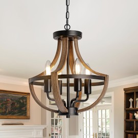 SEEBLEN Farmhouse Chandelier,Vintage 4-Light Hanging Pendant Light Height Adjustable,Rustic Metal Ceiling Light in Faux Wood Grain Color for Dining Room Kitchen Foyer Hallway Entryway Bedroom Closet.