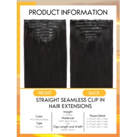 Caliee Seamless Hair Extensions Clip in Human Hair PU Skin Weft Natural Black Real Hair Not Tangled 20Inch 8Pcs Thick Remy Hair Extensions Clip ins 115G