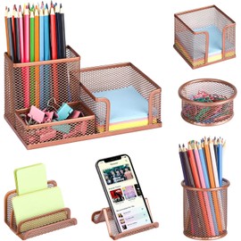 HurLuksi Pen Holder for Desk, 6 Pieces Mesh Desk Organiser Set, Rese Gold Desk Tidy with 3 Compartments pens holder, Mail Organizer Letter Holder, Home Office Supplies and Accessories (Rose Gold)
